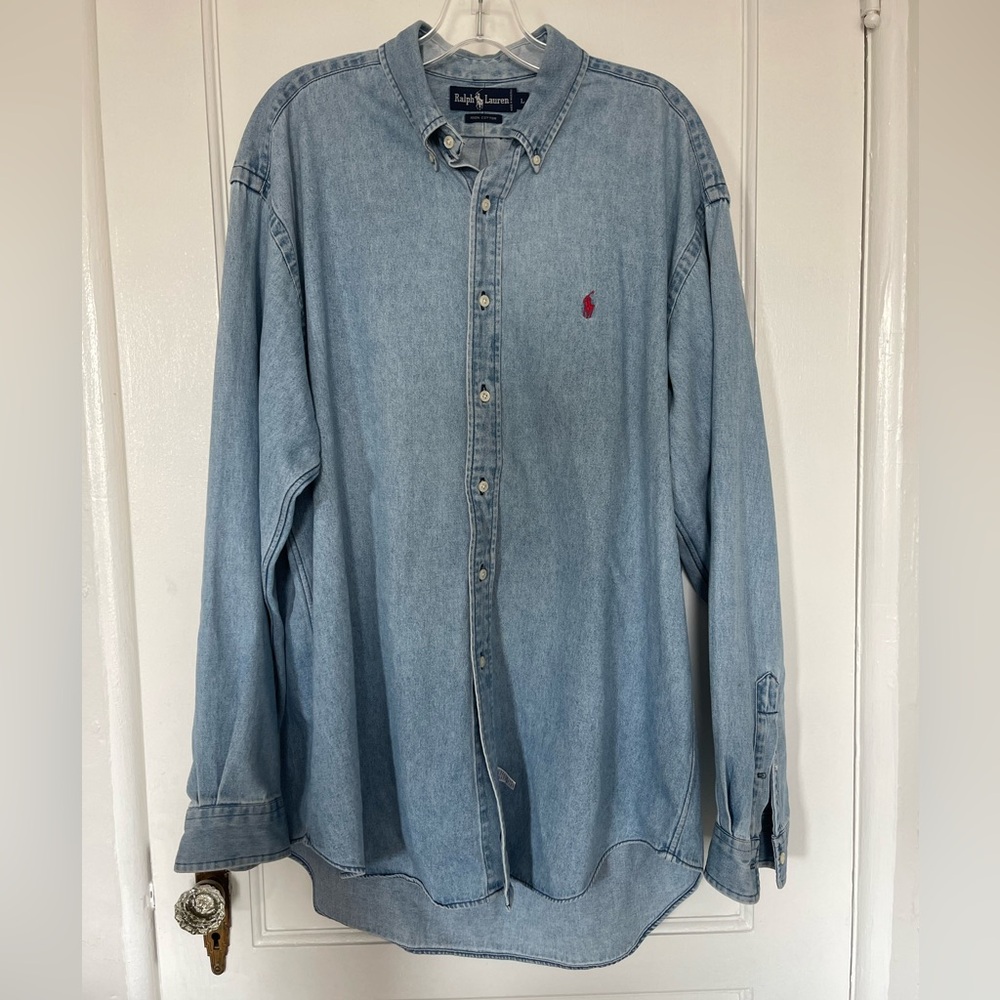Ralph Lauren Light Blue Denim Button-Down Shirt with Red Pony Logo